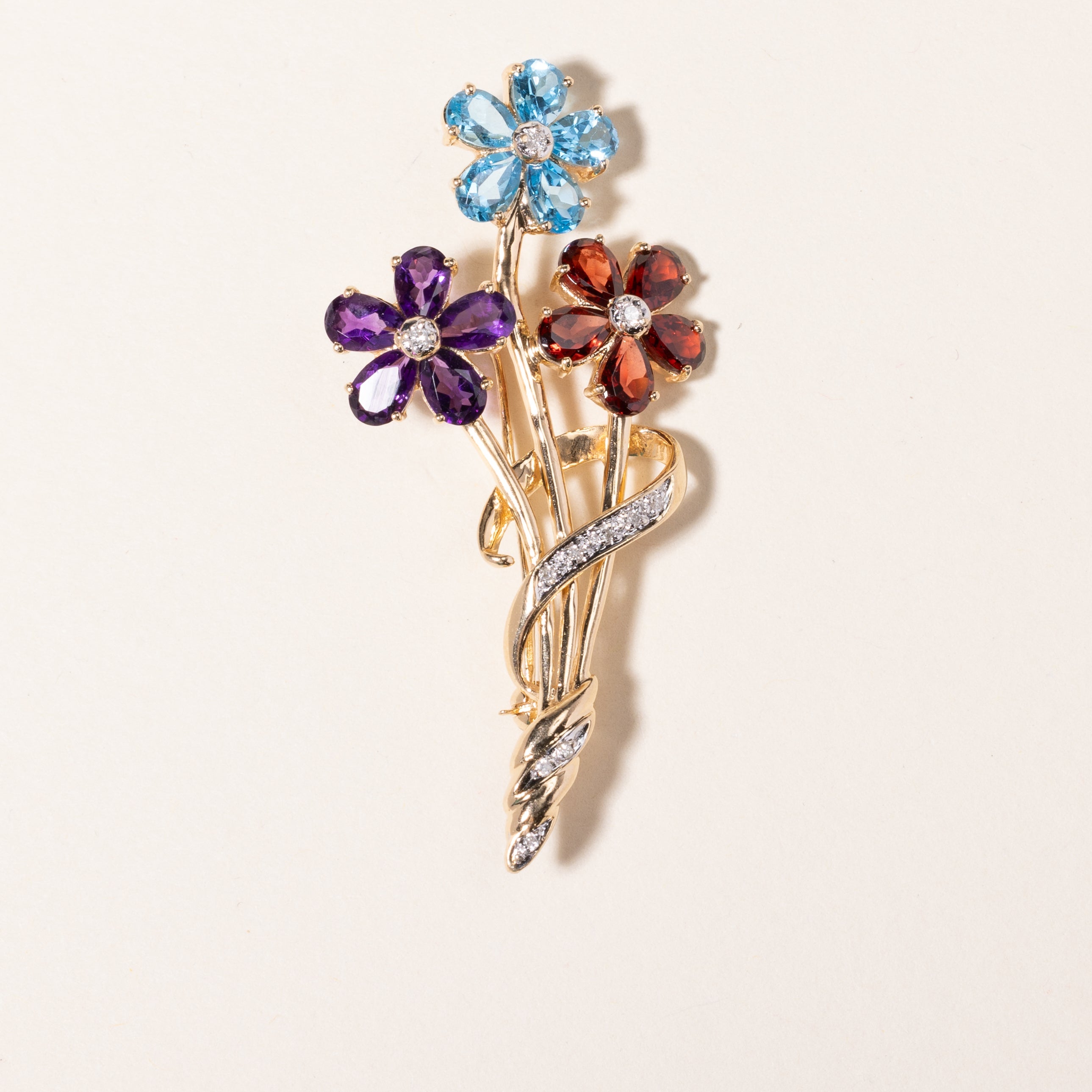 14K Yellow Gold Multi Gemstone & Diamond Floral Brooch | 5.75ctw, 0.06ctw |