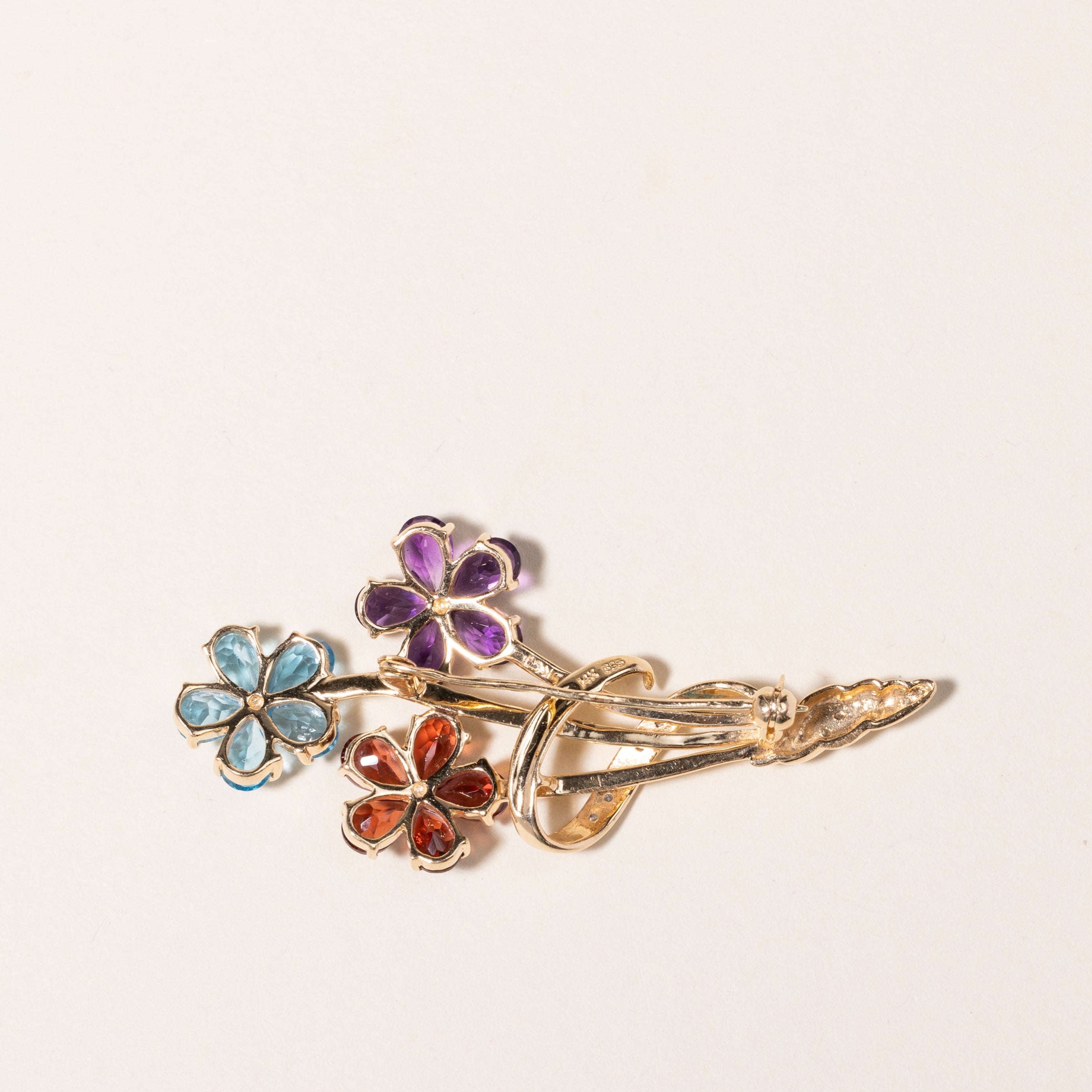 14K Yellow Gold Multi Gemstone & Diamond Floral Brooch | 5.75ctw, 0.06ctw |