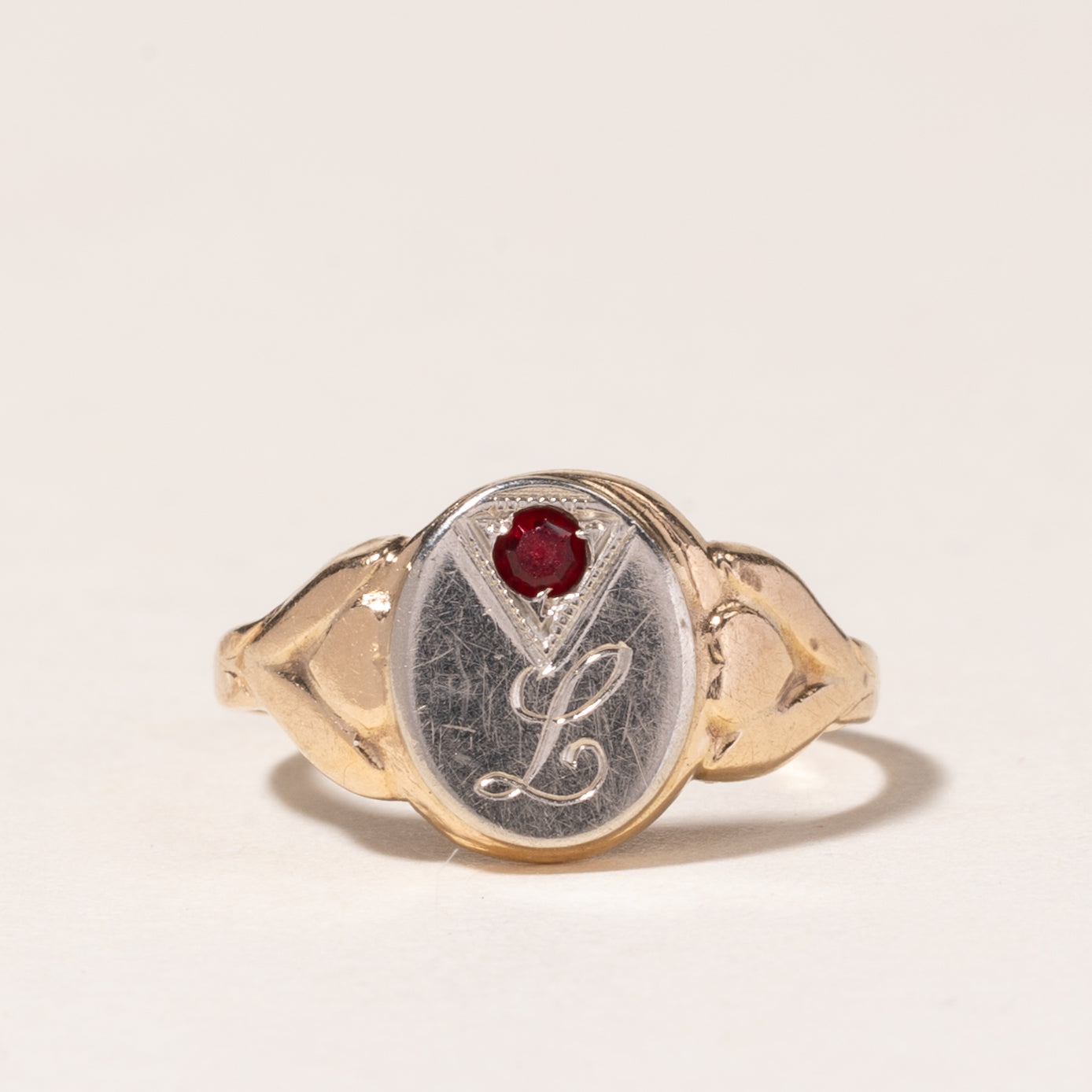 10K Yellow Gold Synthetic Red Stone Signet "L" Ring | SZ 1.75 |