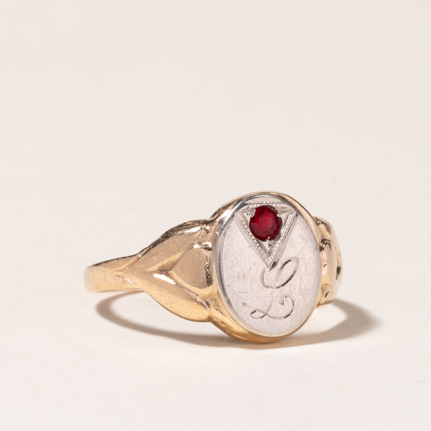 10K Yellow Gold Synthetic Red Stone Signet "L" Ring | SZ 1.75 |