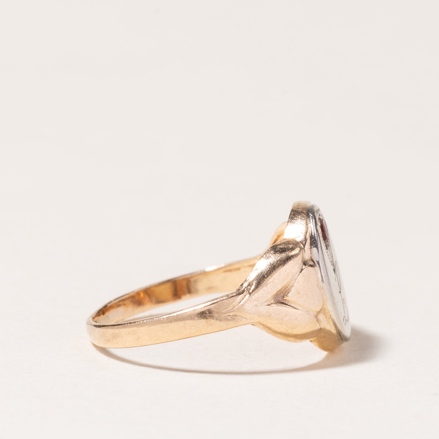 10K Yellow Gold Synthetic Red Stone Signet "L" Ring | SZ 1.75 |