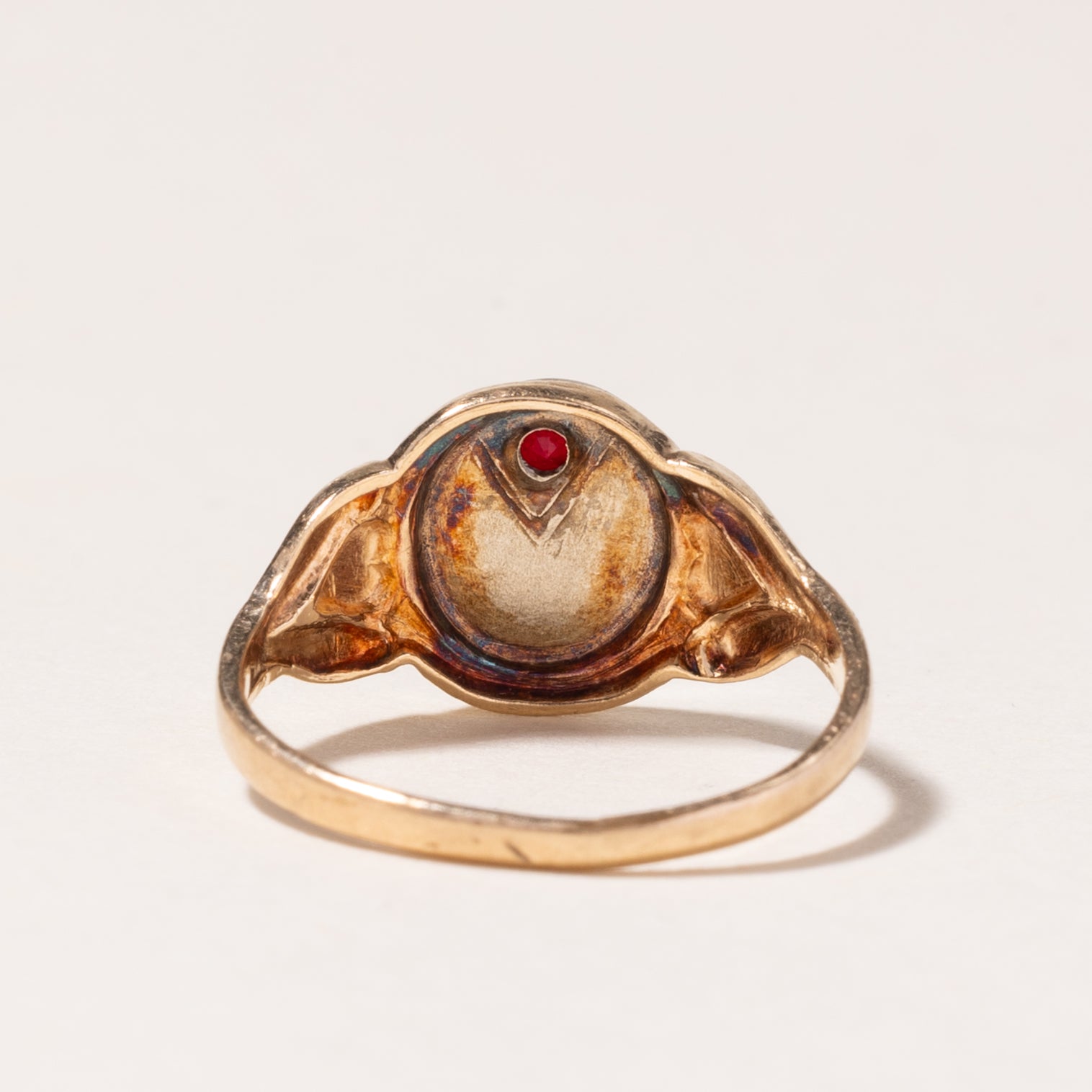 10K Yellow Gold Synthetic Red Stone Signet "L" Ring | SZ 1.75 |