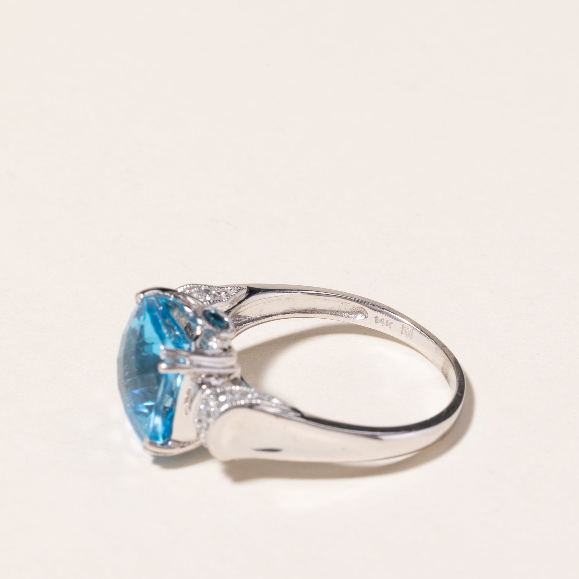 14K White Gold Blue Topaz & Diamond Ring | 4.67ctw, 0.08ctw | SZ 7.75 |