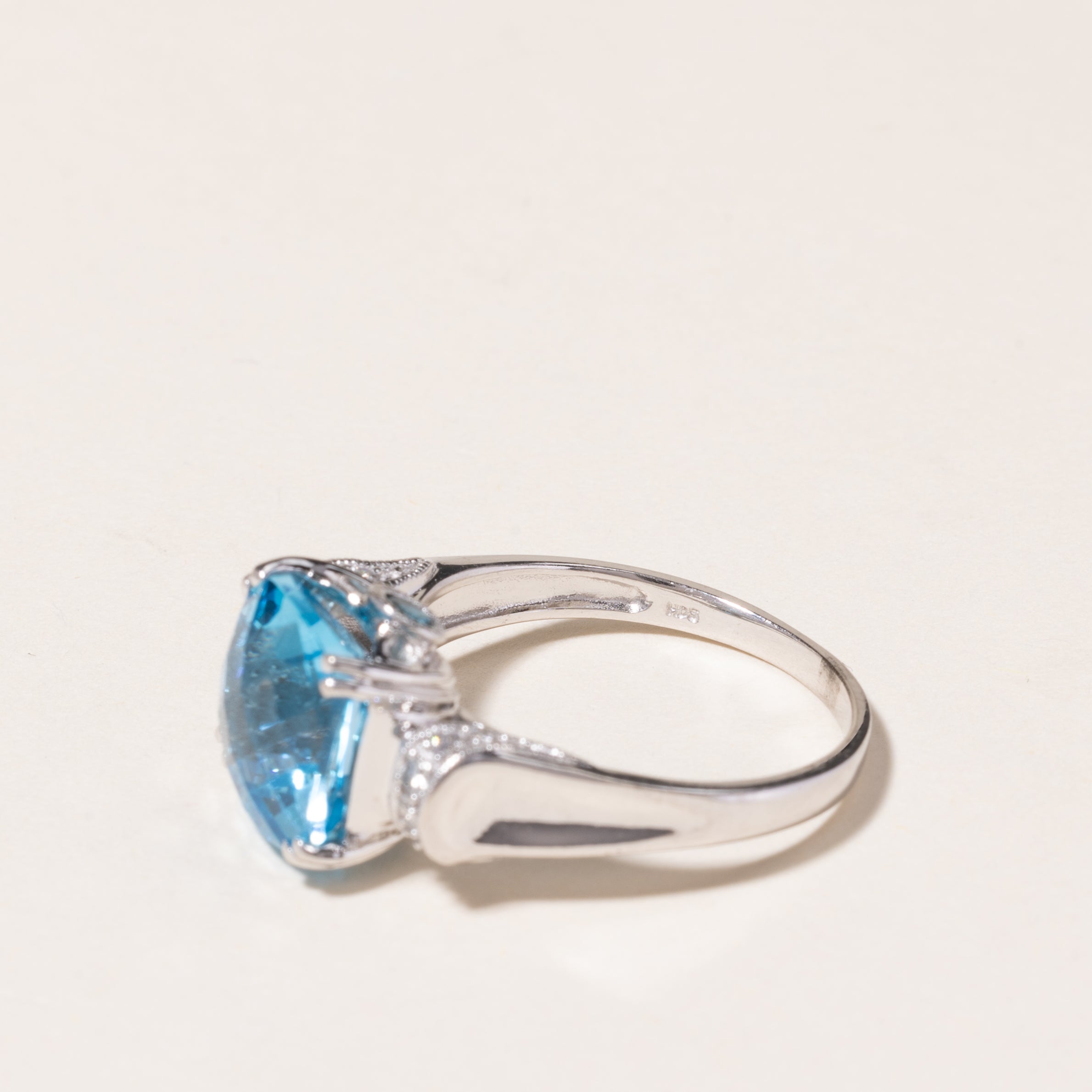 14K White Gold Blue Topaz & Diamond Ring | 4.67ctw, 0.08ctw | SZ 7.75 |