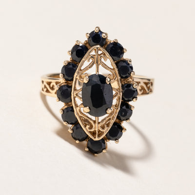 10K Yellow Gold Sapphire Ornate Navette Ring | 1.82ctw | SZ7
