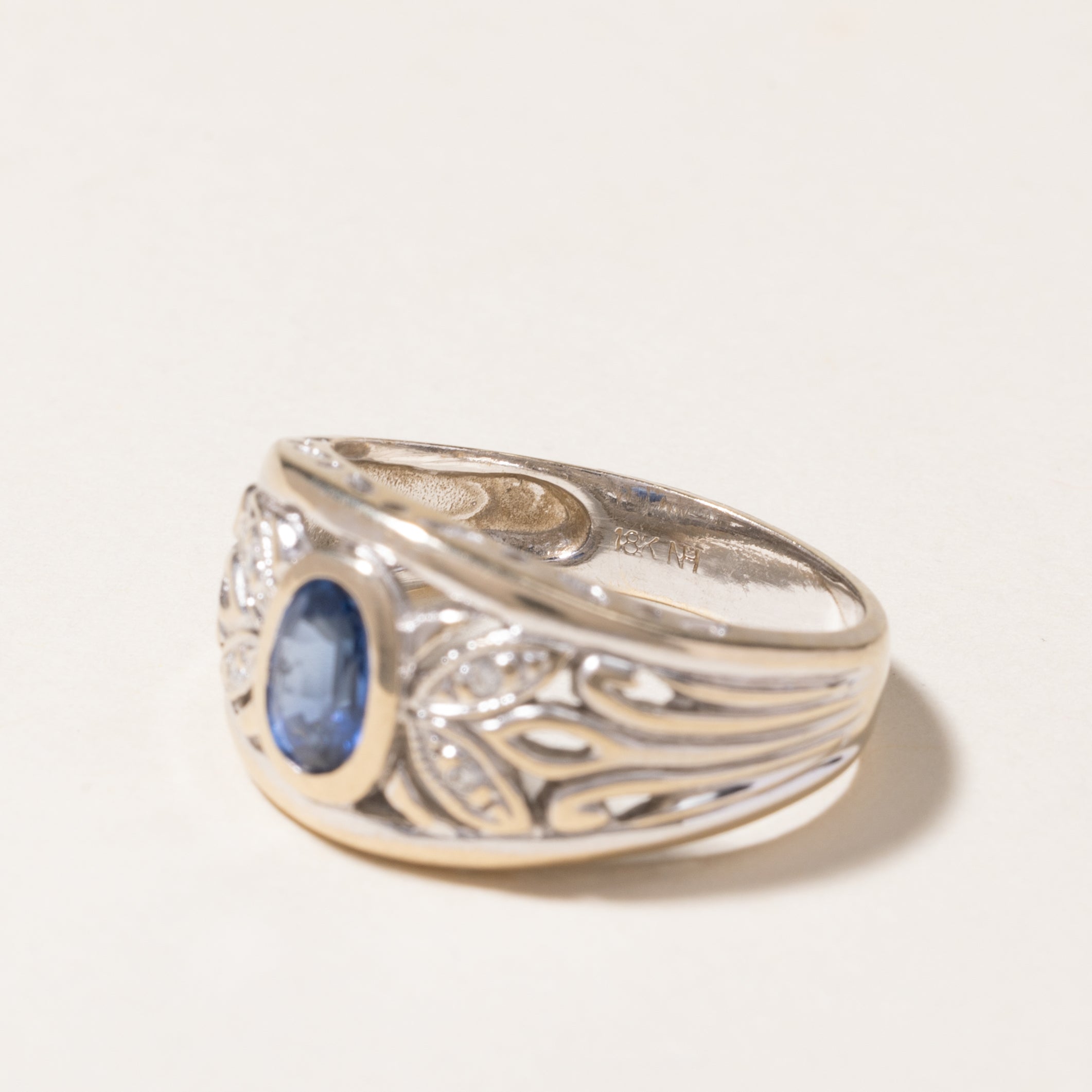 18K Bezel Set Oval Cut Sapphire & Diamond Ring | 0.87ct, 0.02ctw | SZ 8