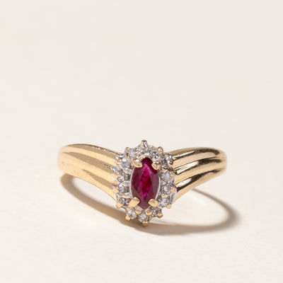 14K Synthetic Ruby & Diamond Grooved Chevron Ring | 0.10ct, 0.07ctw | SZ 6.25