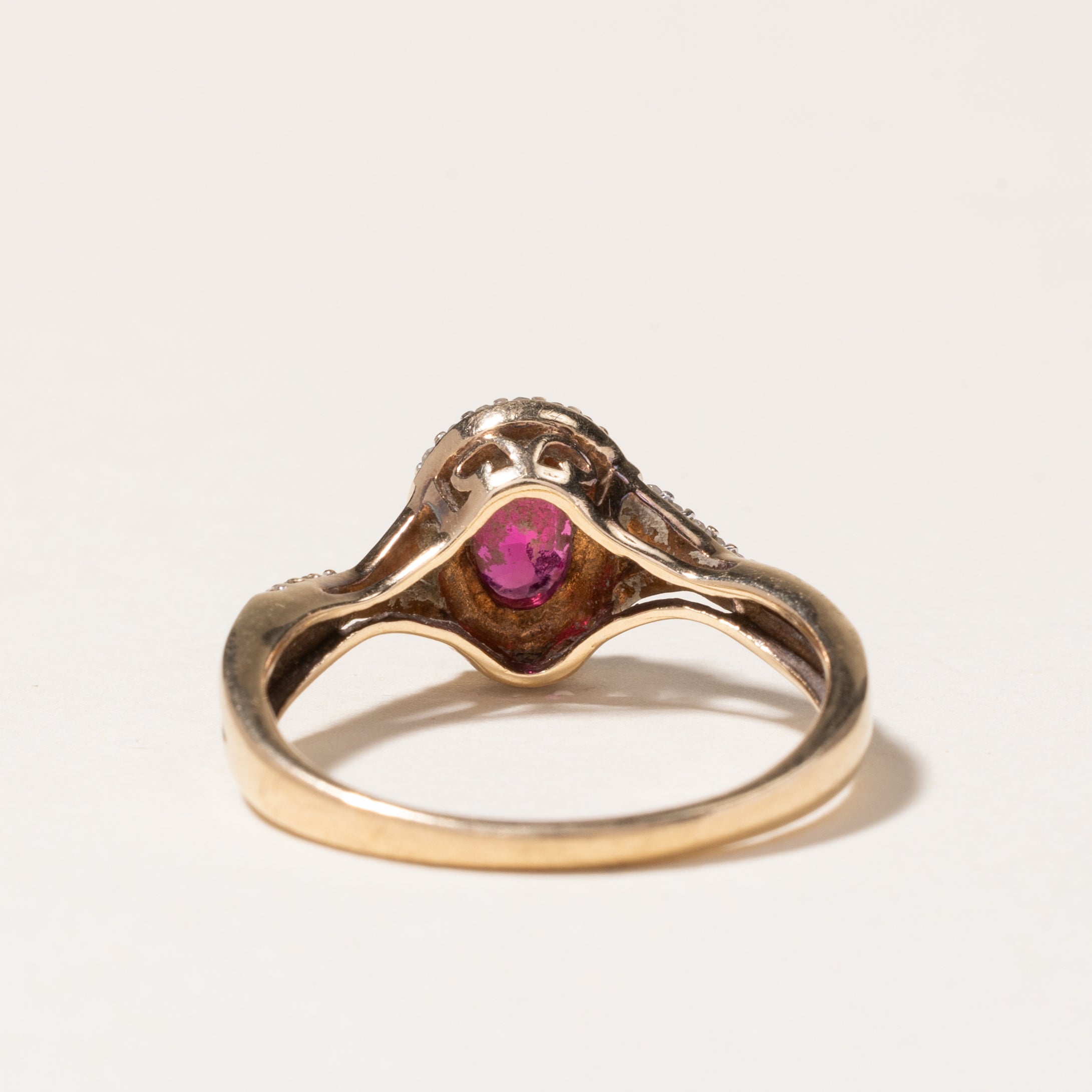 10K Synthetic Ruby & Diamond Halo Crossover Ring | 0.80ct, 0.19ctw | SZ 7