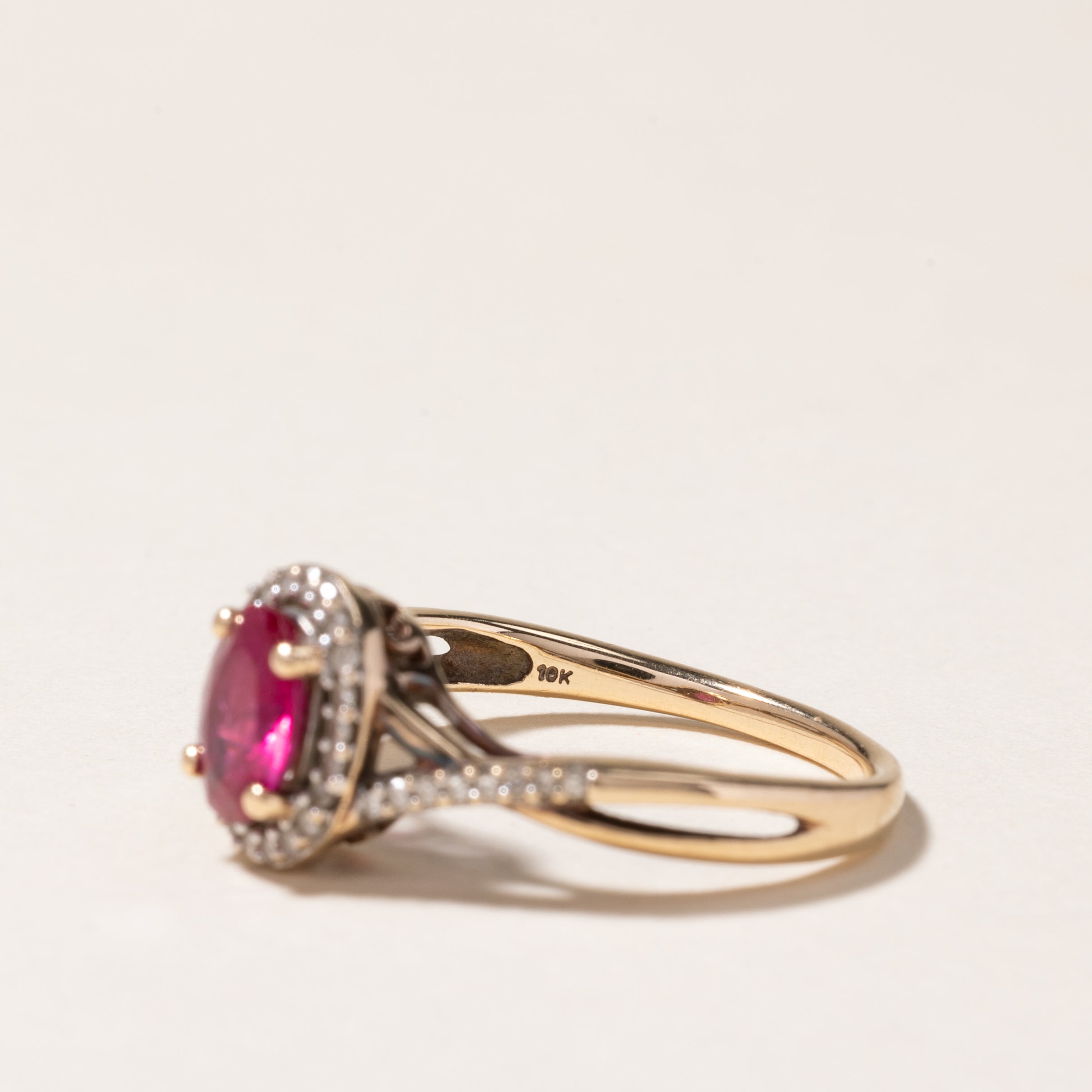10K Synthetic Ruby & Diamond Halo Crossover Ring | 0.80ct, 0.19ctw | SZ 7