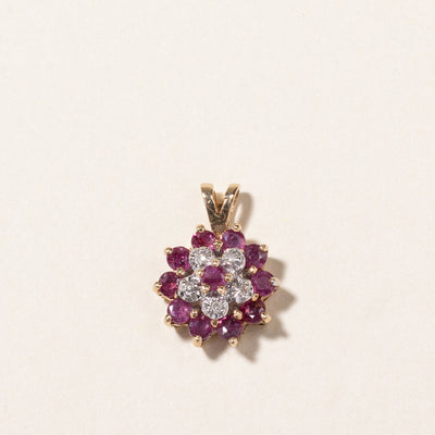10K Synthetic Ruby & Diamond Cluster Petal Pendant | 0.40ctw, 0.04ctw