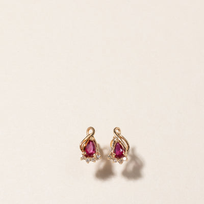 14K Pear Cut Synthetic Ruby & Diamond Stud Earrings | 0.40ctw, 0.04ctw
