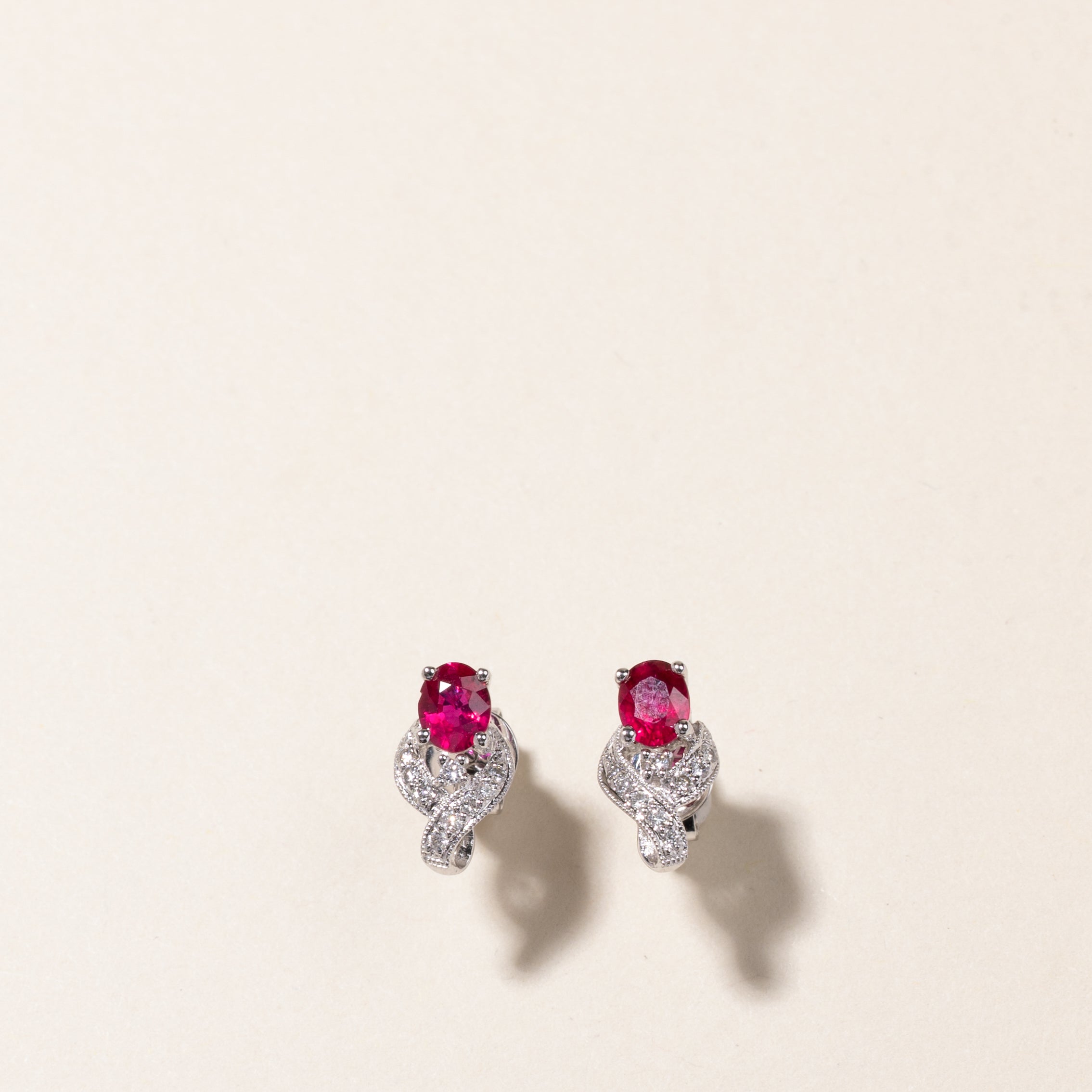 18K White Gold Ruby & Diamond Stud Earrings | 0.18ctw, 0.045ctw