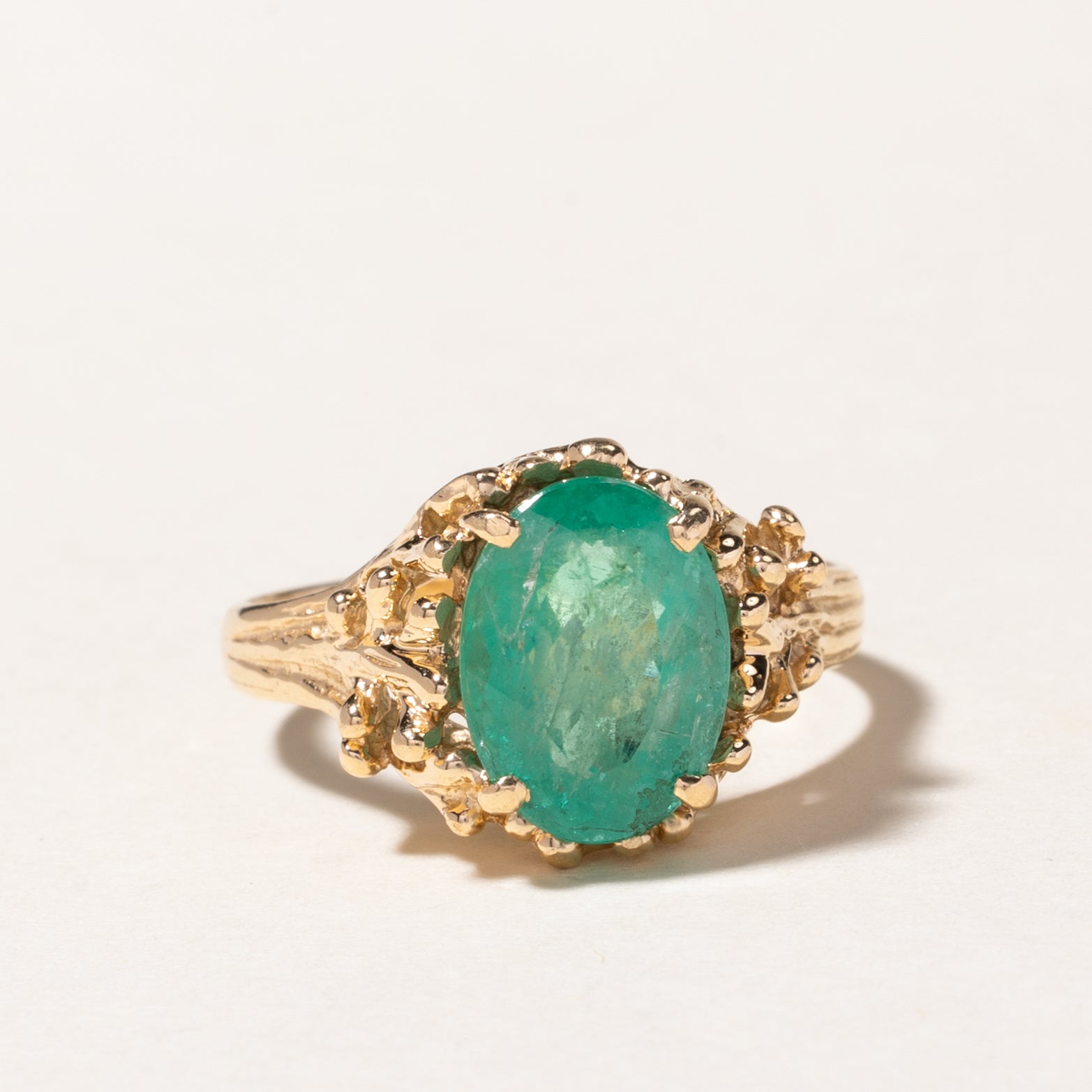 14k Oval Cut Emerald Textured Ring | 3.93ct | SZ 10.25