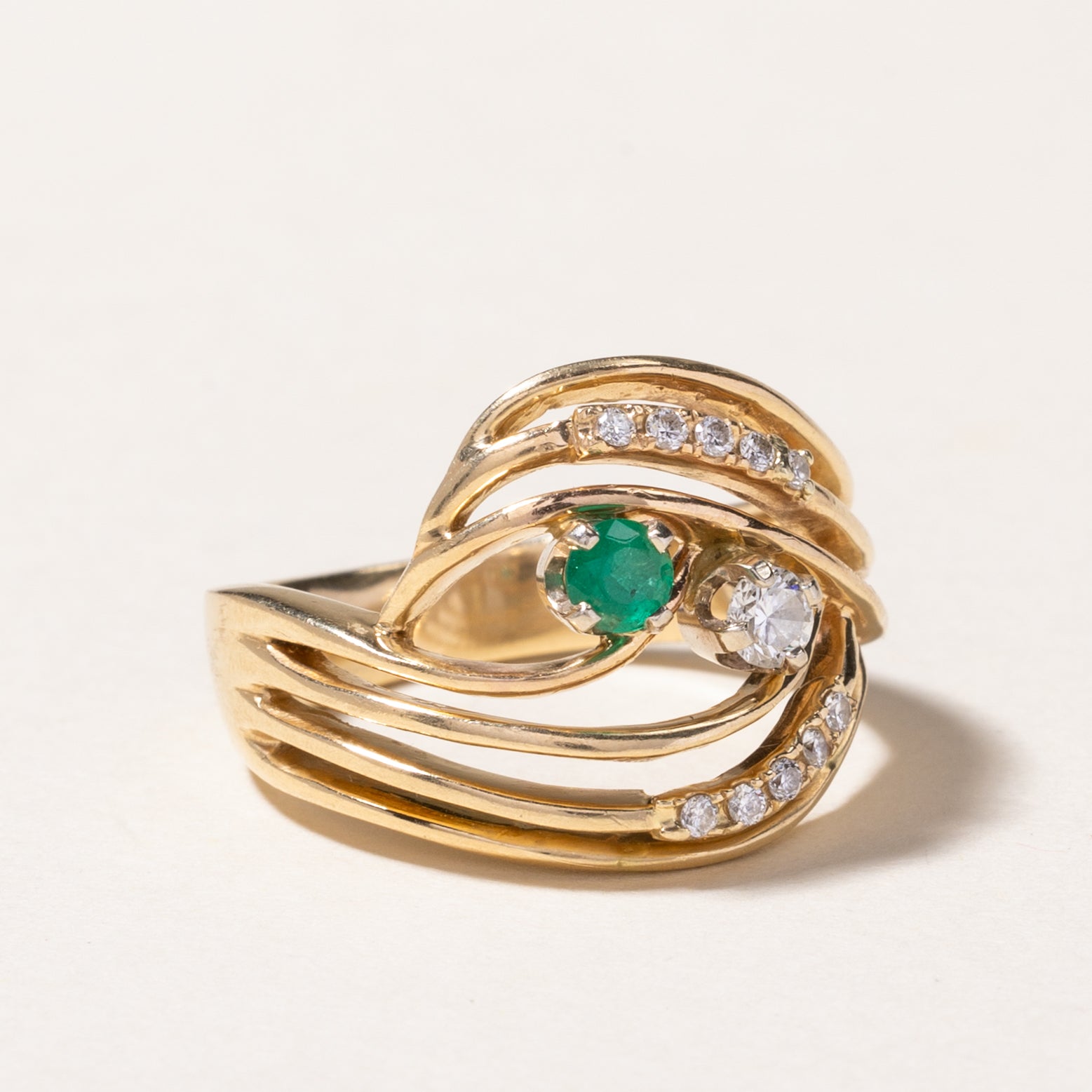 14k Yellow Gold Emerald & Diamond Openwork Ring | 0.12ct, 0.13ctw | SZ 6.5
