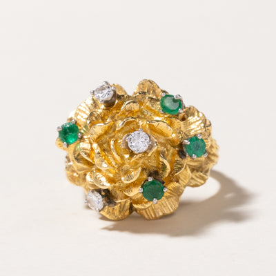 18K Emerald & Diamond Flower Dome Ring | 0.34ctw, 0.24ctw | 9