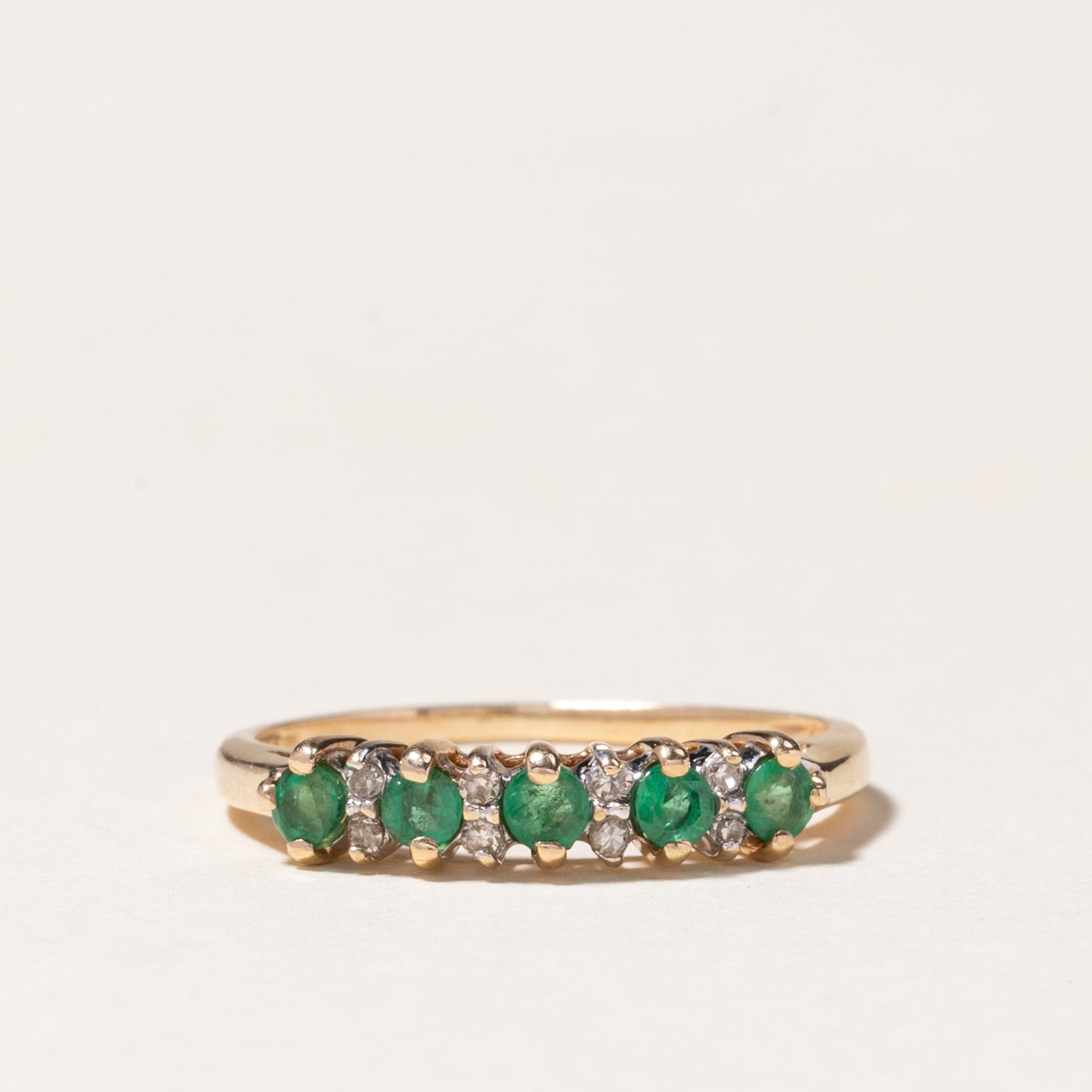 10k Five Stone Emerald & Diamond Ring | 0.175ctw, 0.042ctw | SZ 5.5