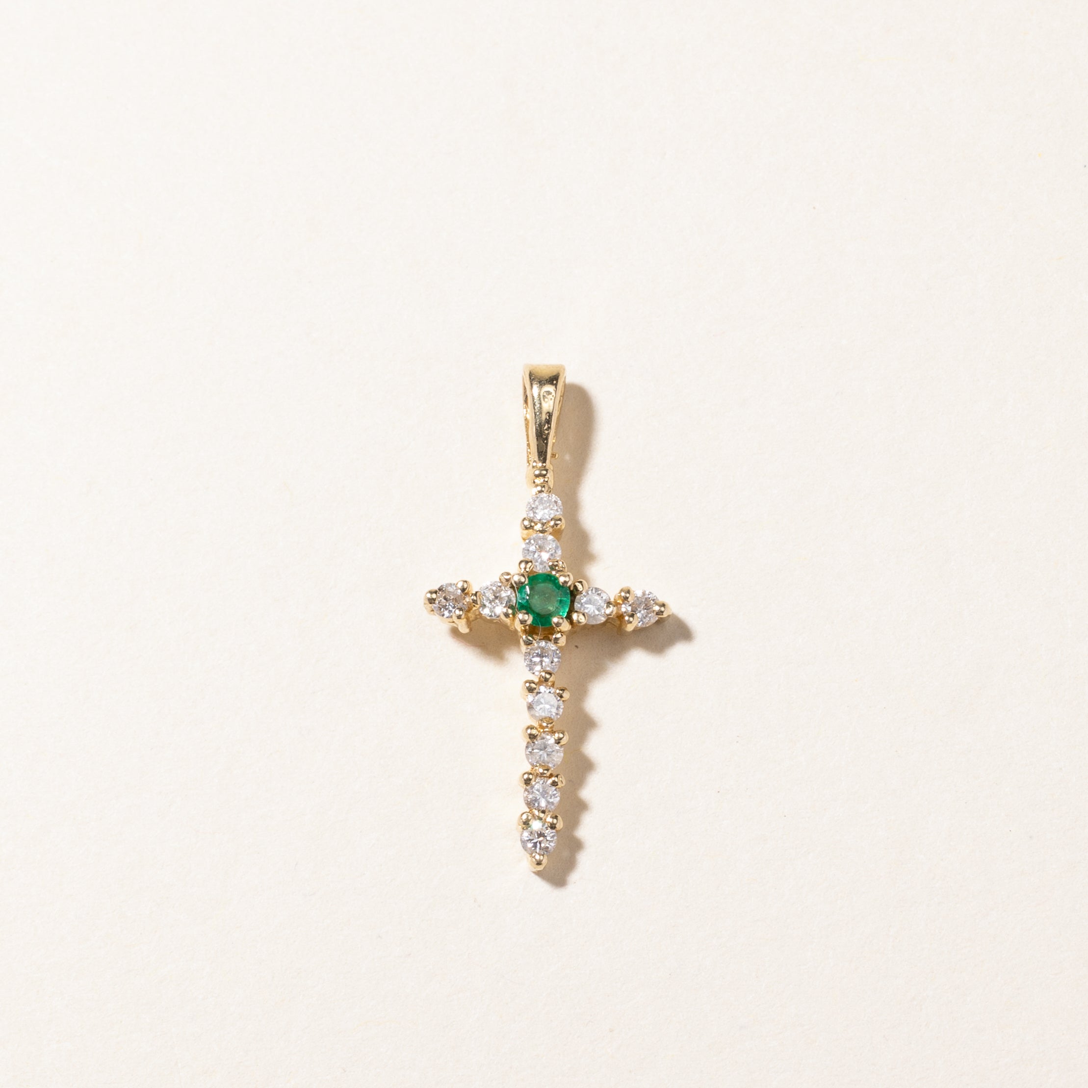 14K Yellow Gold Emerald & Diamond Cross Pendant | 0.05ct, 0.22ctw