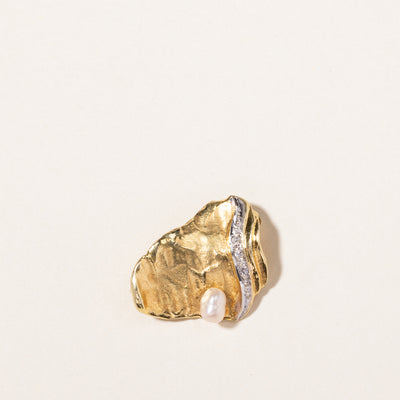 14K Yellow Gold Pearl & Diamond Abstract Brooch | 0.015ctw
