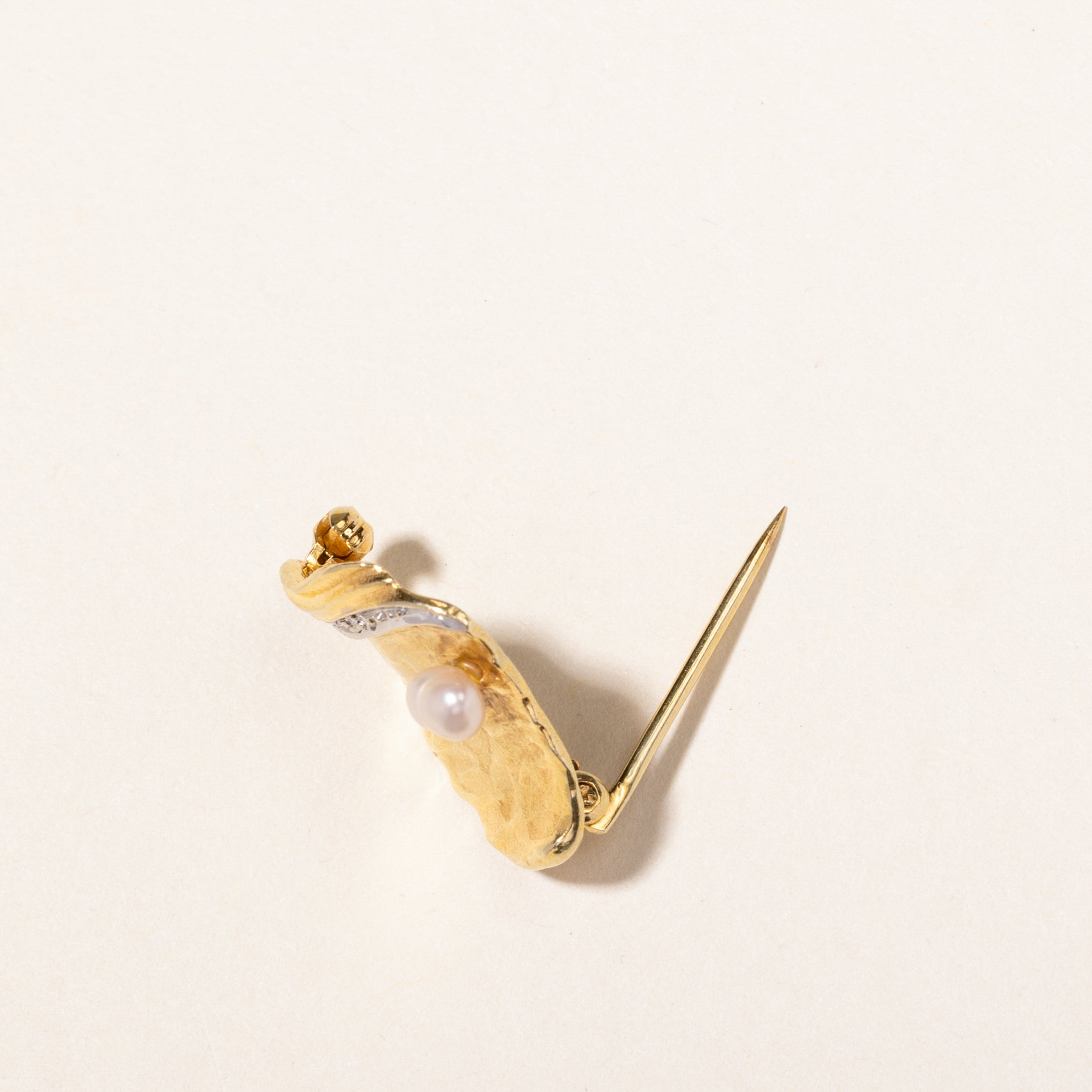 14K Yellow Gold Pearl & Diamond Abstract Brooch | 0.015ctw