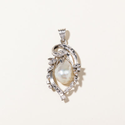 White Gold Pearl and Diamond Ornate Pendant | 12.4mmx9.2mm, 0.05ctw