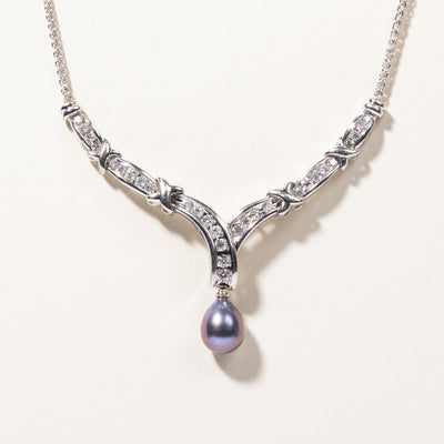 Pearl & Diamond Drop Ornate Necklace | 0.5mmx8.5mm, 0.87ctw | 16