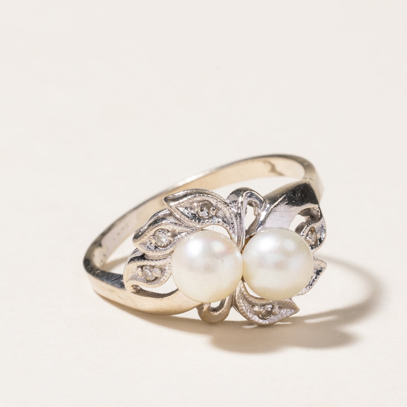 Pearl & Diamond Leaf Design Ring | 5.30mm, 0.03ctw | SZ 7