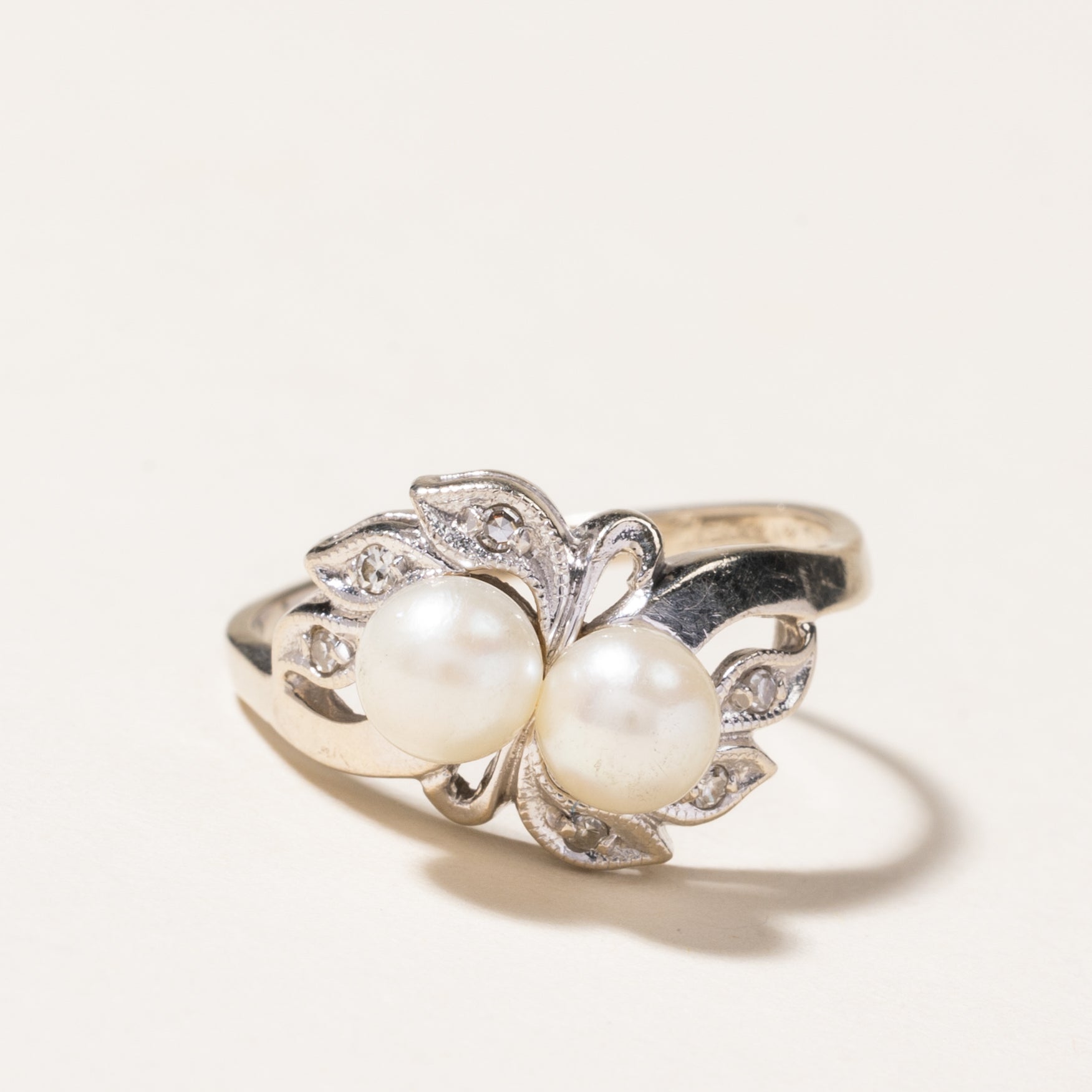 Pearl & Diamond Leaf Design Ring | 5.30mm, 0.03ctw | SZ 7