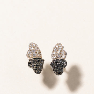 Black & White Diamond Double Heart Stud Earrings | 0.10ctw, 0.10ctw