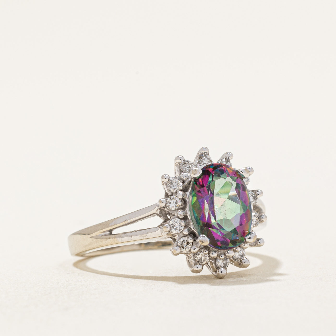 Mystic Topaz & Diamond Halo Ring | 1.25ct, 0.12ctw | SZ 5 |