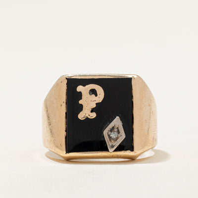 Black Onyx & Diamond 'P' Signet Ring | 5.30ct, 0.01ct | SZ 7.5 |