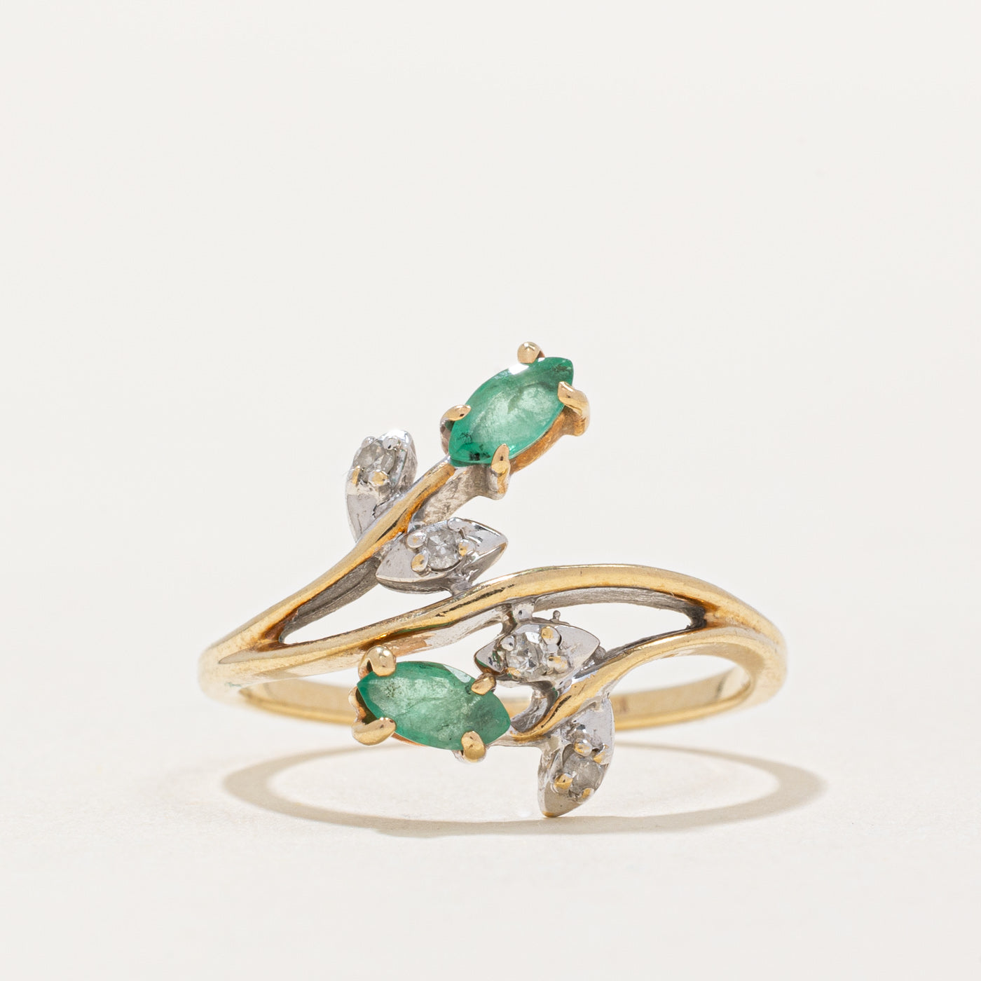 Emerald & Diamond Floral Bypass Ring | 0.16ctw, 0.04ctw | SZ 6 |