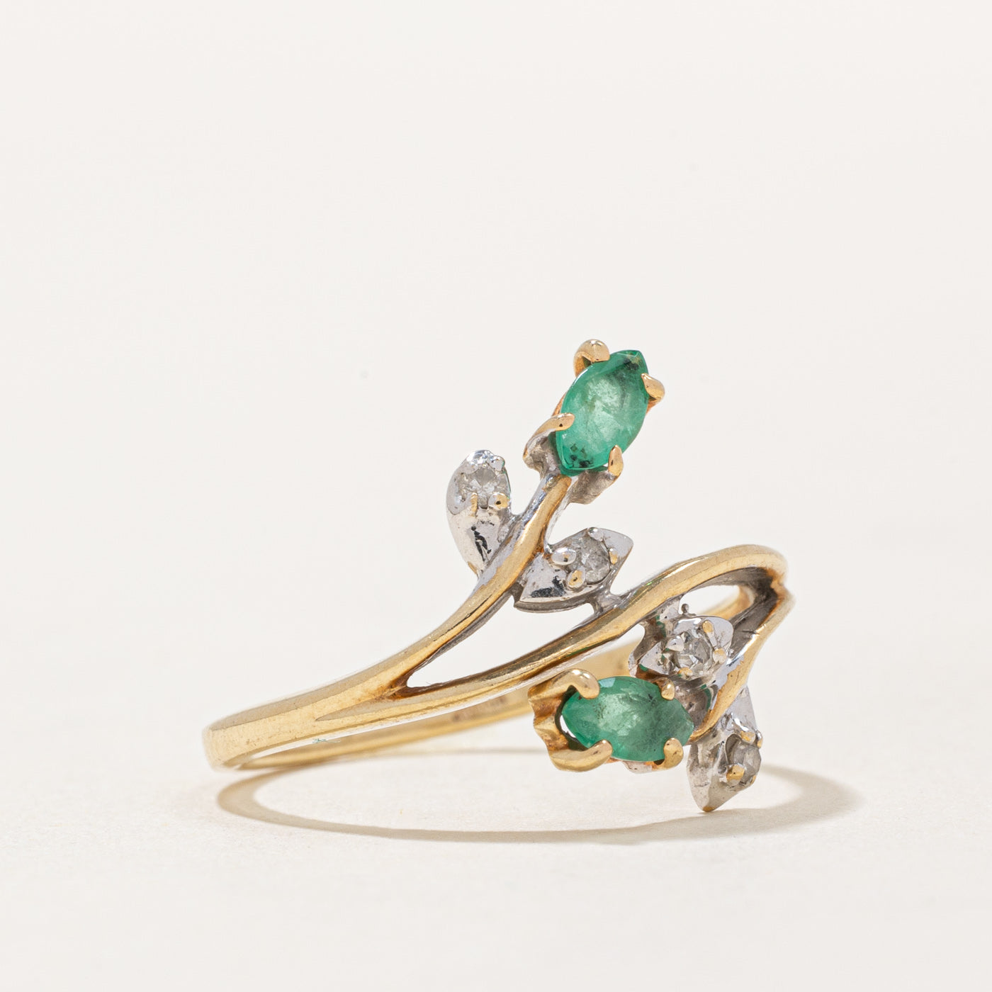 Emerald & Diamond Floral Bypass Ring | 0.16ctw, 0.04ctw | SZ 6 |