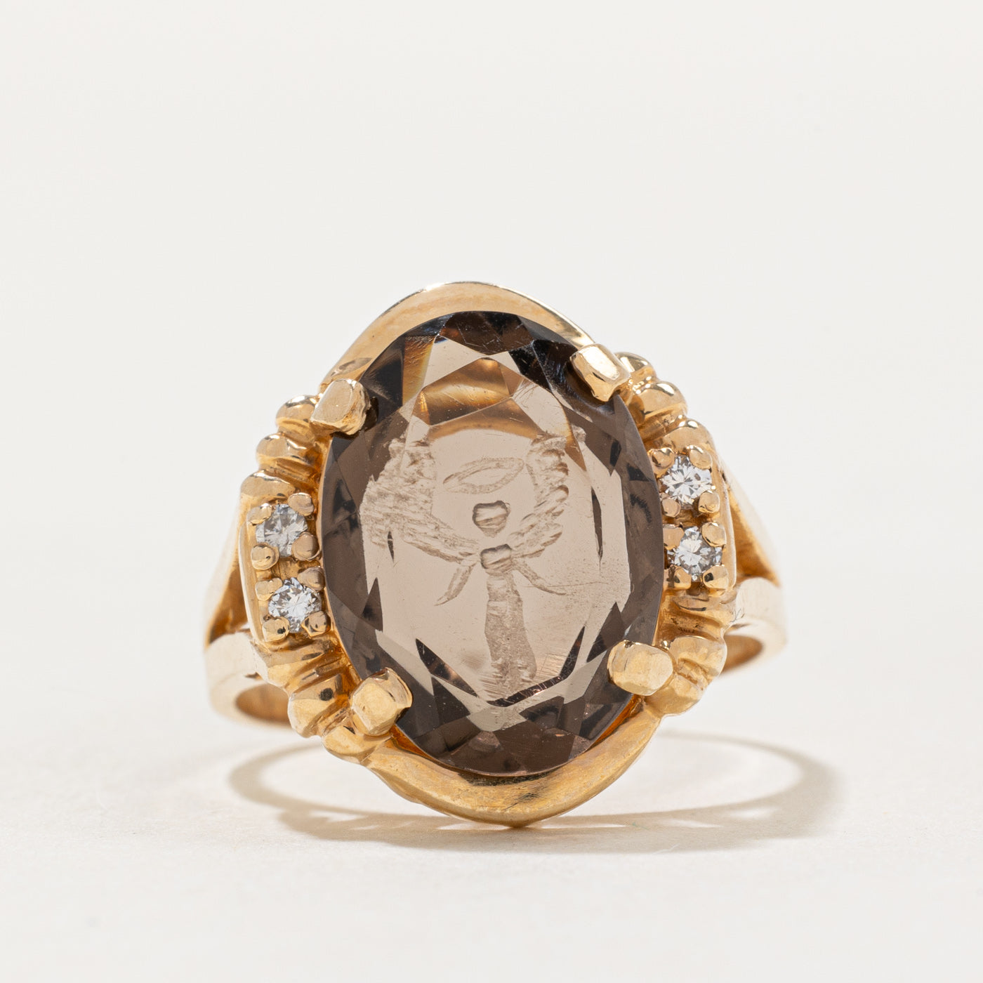 Smoky Quartz Angel Intaglio & Diamond Cocktail Ring | 2.85ct, 0.06ctw | SZ 6.5 |