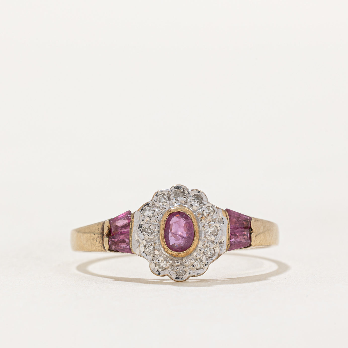 Bezel Set Ruby & Diamond Halo Ring | 0.33ctw, 0.06ctw | SZ 9 |