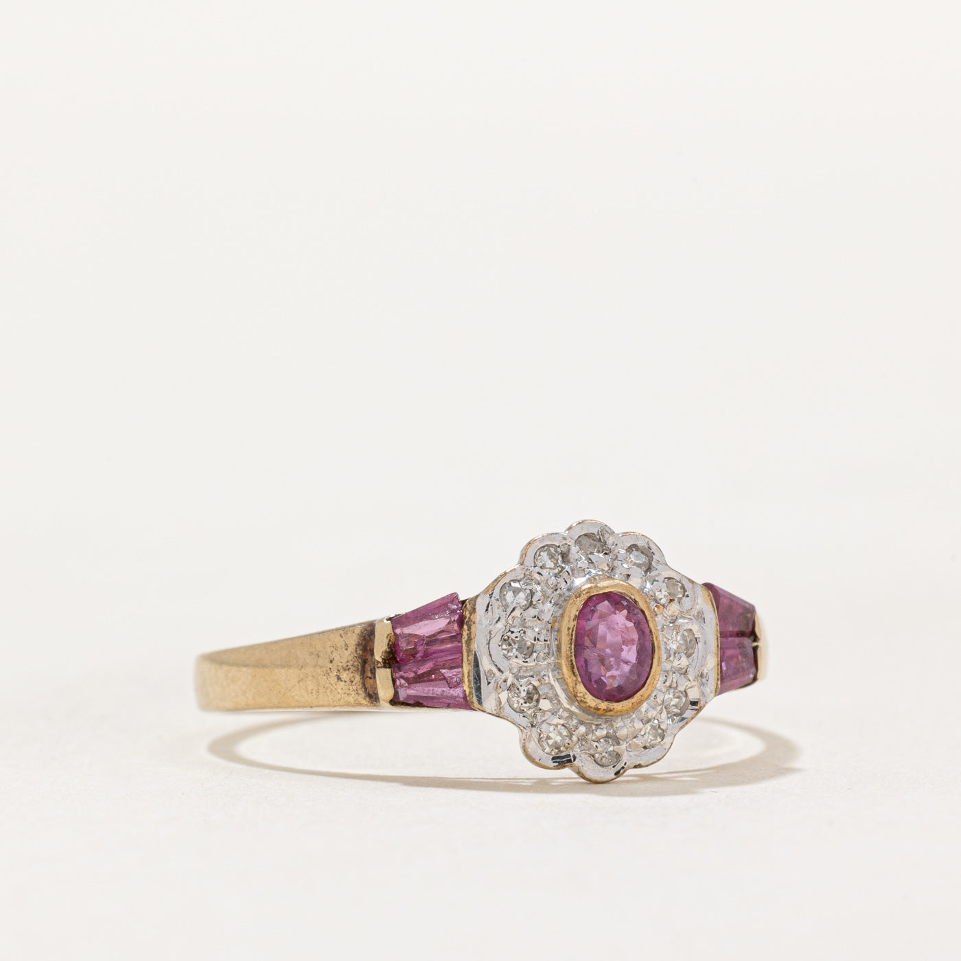 Bezel Set Ruby & Diamond Halo Ring | 0.33ctw, 0.06ctw | SZ 9 |