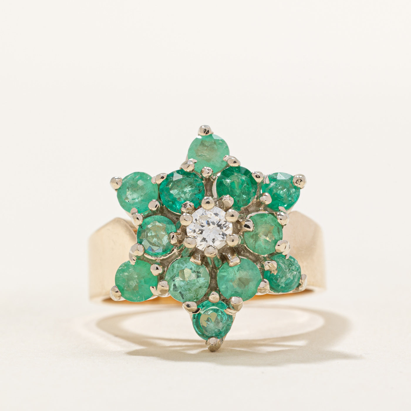 Emerald & Diamond Cluster Flower Ring | 1.50ctw, 0.15ct | SZ 6.75 |