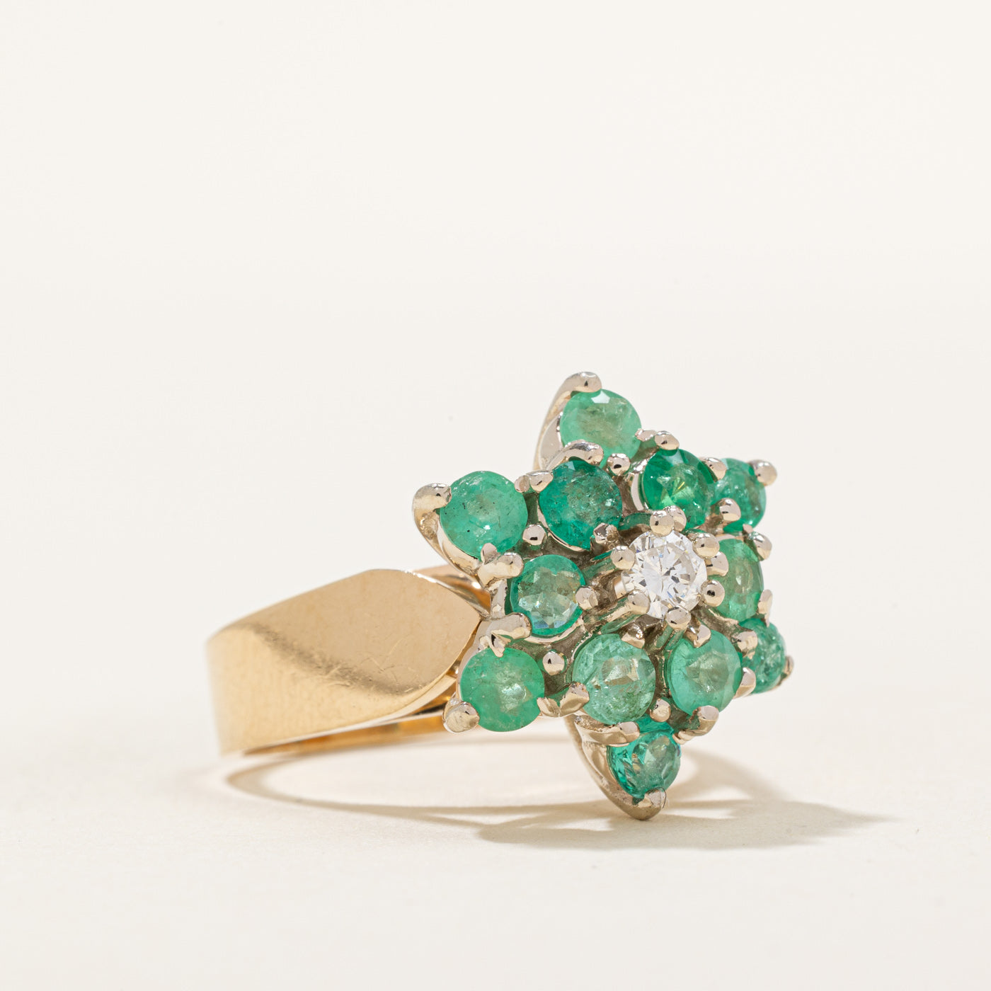 Emerald & Diamond Cluster Flower Ring | 1.50ctw, 0.15ct | SZ 6.75 |