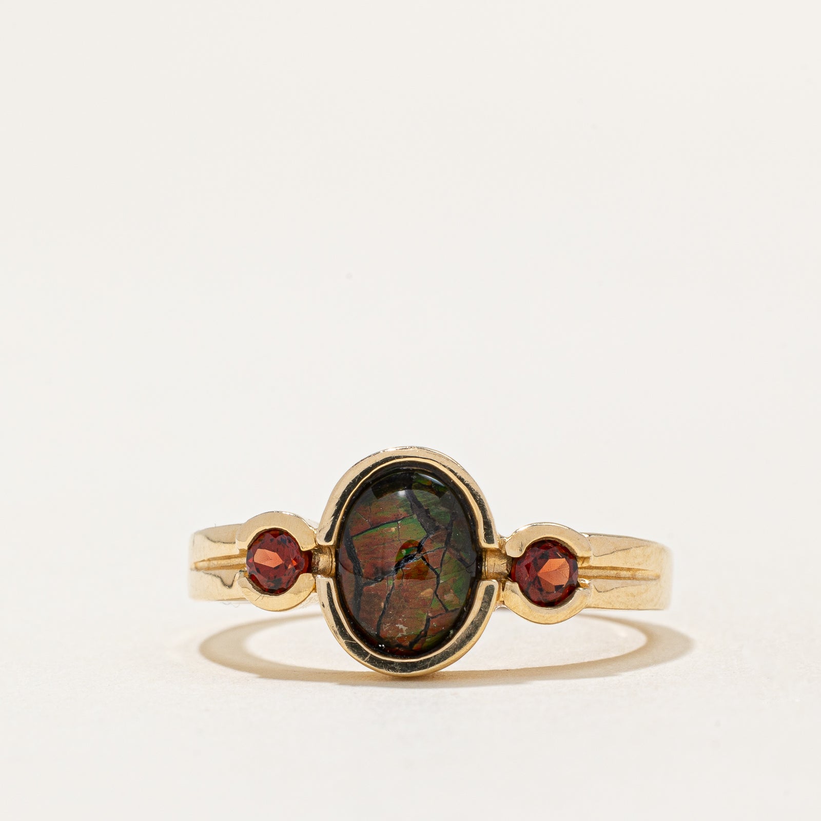 Birmingham Hallmarked Ammolite Triplet & Garnet Ring  | 1.10ct, 0.20ctw | SZ 8.25 |