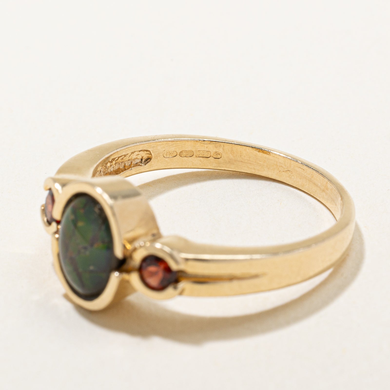 Birmingham Hallmarked Ammolite Triplet & Garnet Ring  | 1.10ct, 0.20ctw | SZ 8.25 |