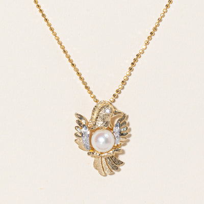 Cultured Pearl & Diamond Bird Pendant Necklace | 0.05ctw | 15