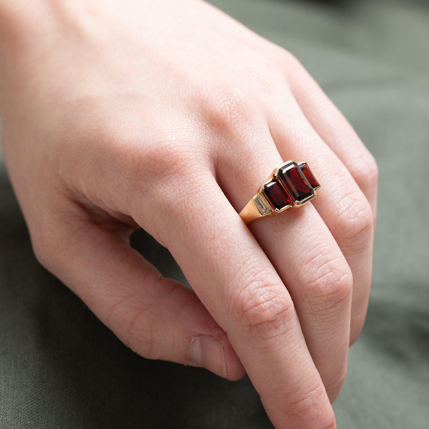 Three Stone Garnet & Diamond Ring | 5.75ctw, 0.03ctw | SZ 6.5