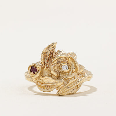 Ruby & Diamond Flower Ring | 0.02ct, 0.015ct | SZ 7 |