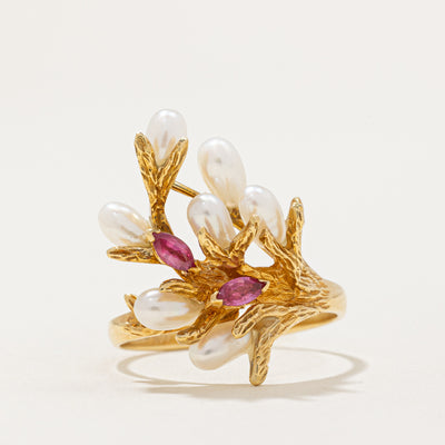 Ruby & Potato Pearl Cocktail Ring | 0.12ctw | SZ 6.5 |