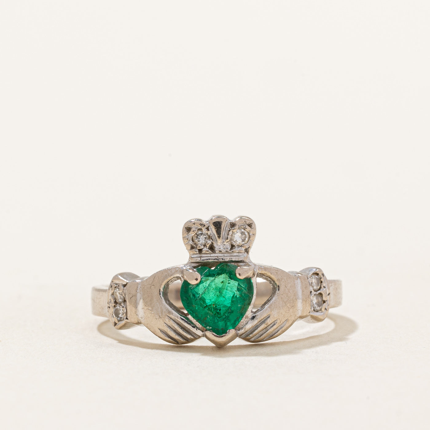 Dublin Hallmarked Emerald & Diamond Claddagh Ring | 0.36ct, 0.03ctw | SZ 5.75 |