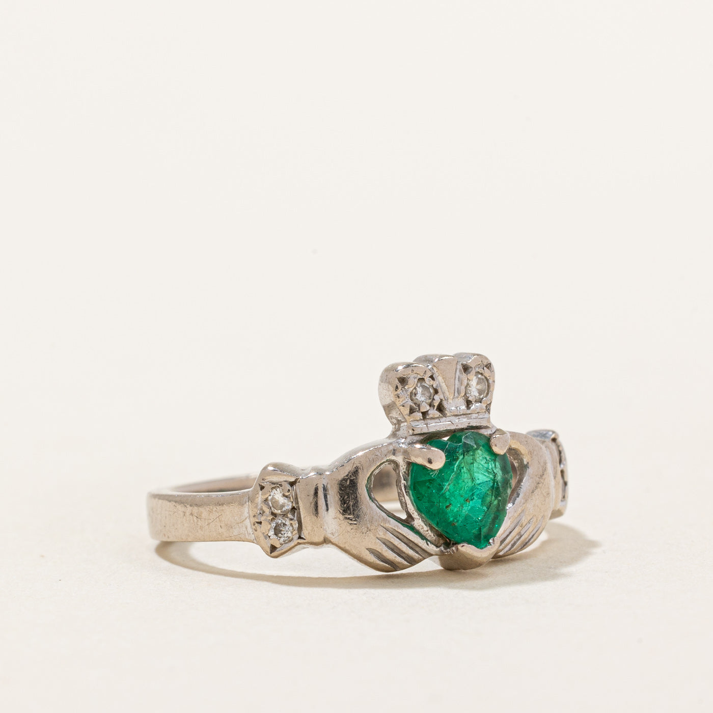 Dublin Hallmarked Emerald & Diamond Claddagh Ring | 0.36ct, 0.03ctw | SZ 5.75 |