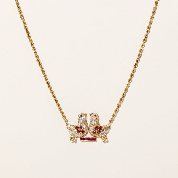 Italian Diamond & Ruby Bird Pendant Necklace | 1.30ctw, 1.14ctw | 15