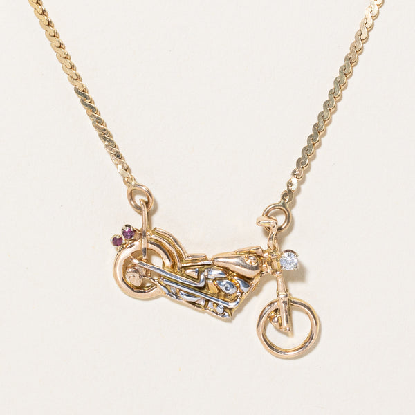 Diamond & Ruby Motorcycle Pendant Necklace | 0.085ct, 0.01ctw | 20