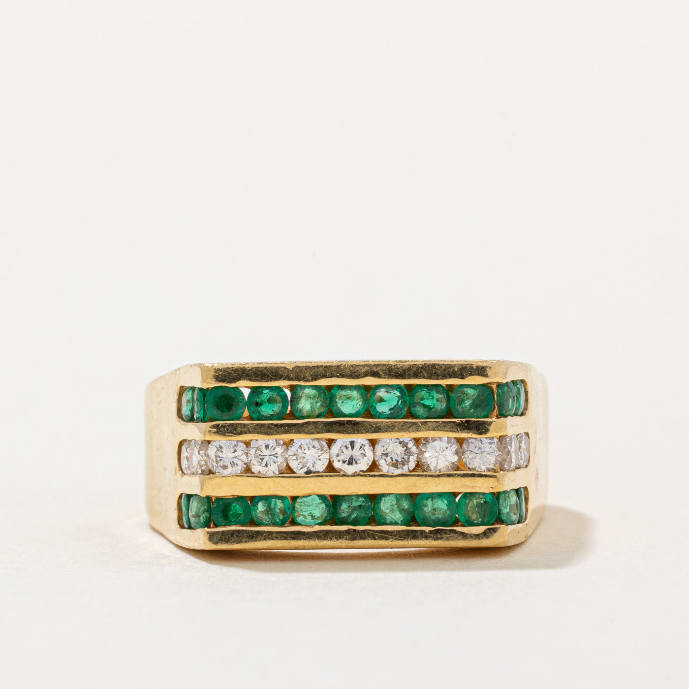 Triple Row Channel Set Emerald & Diamond Ring | 0.56ctw, 0.37ctw | SZ 10.25 |