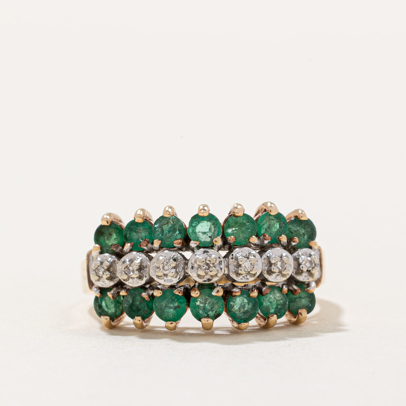 Triple Row Emerald & Diamond Cocktail Ring | 0.84ctw, 0.02ctw | SZ 7.25 |