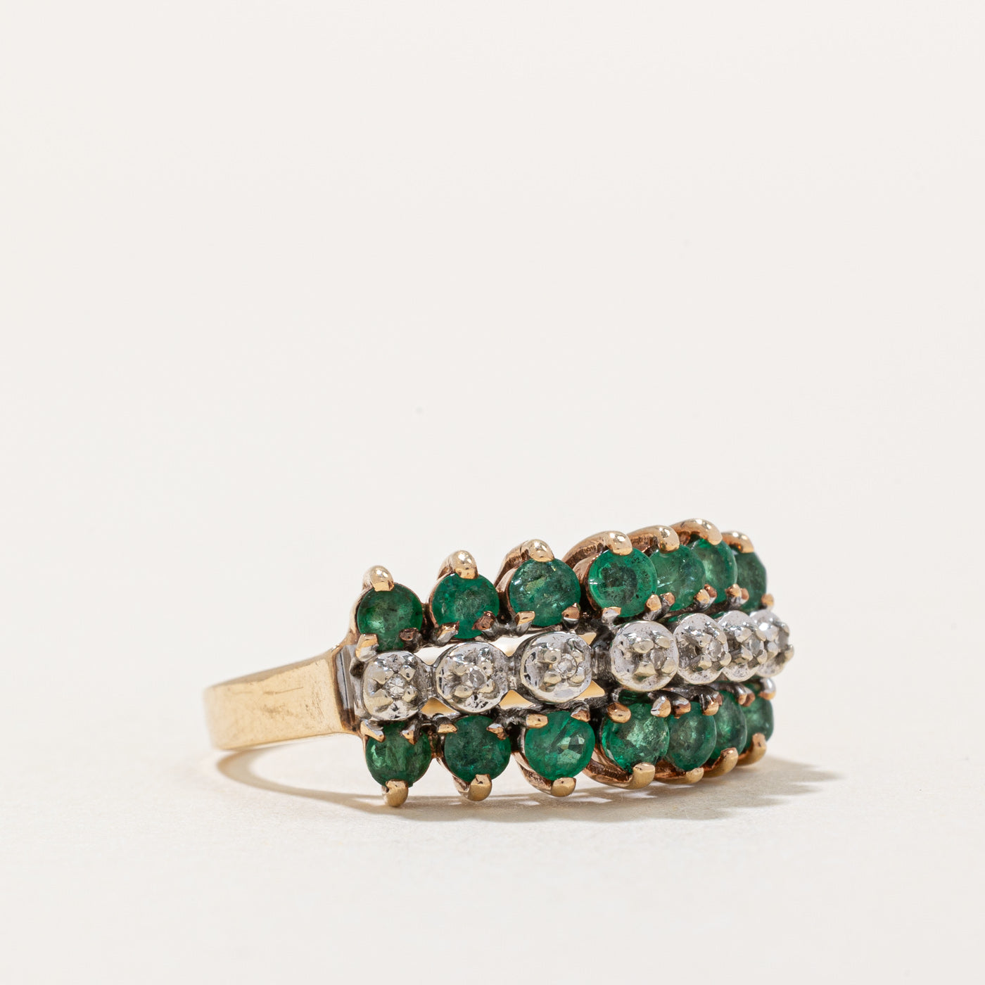 Triple Row Emerald & Diamond Cocktail Ring | 0.84ctw, 0.02ctw | SZ 7.25 |